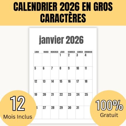 Calendrier 2026 en gros caractères