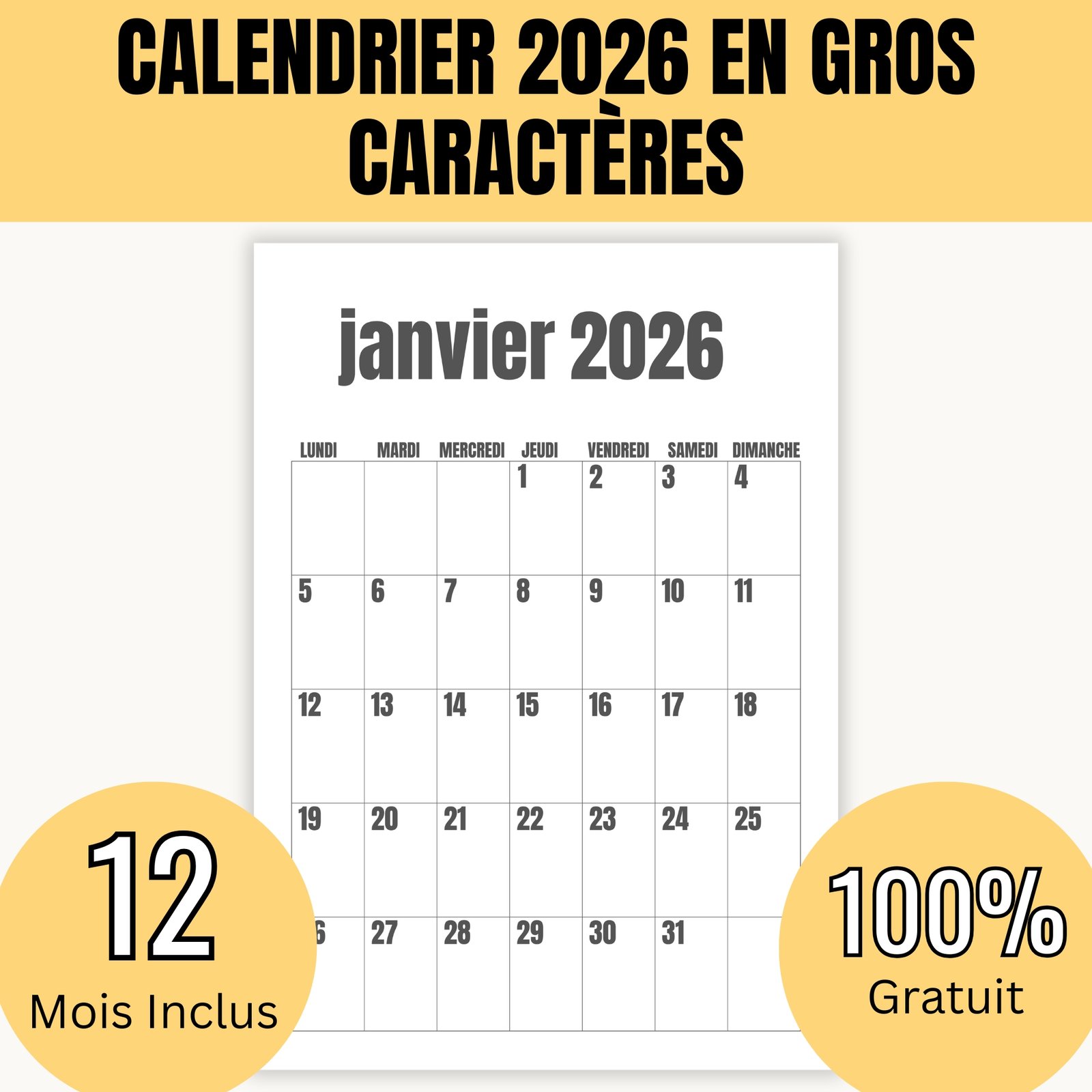 Calendrier 2026 en gros caractères (2) Calendrier 2026 en gros caractères