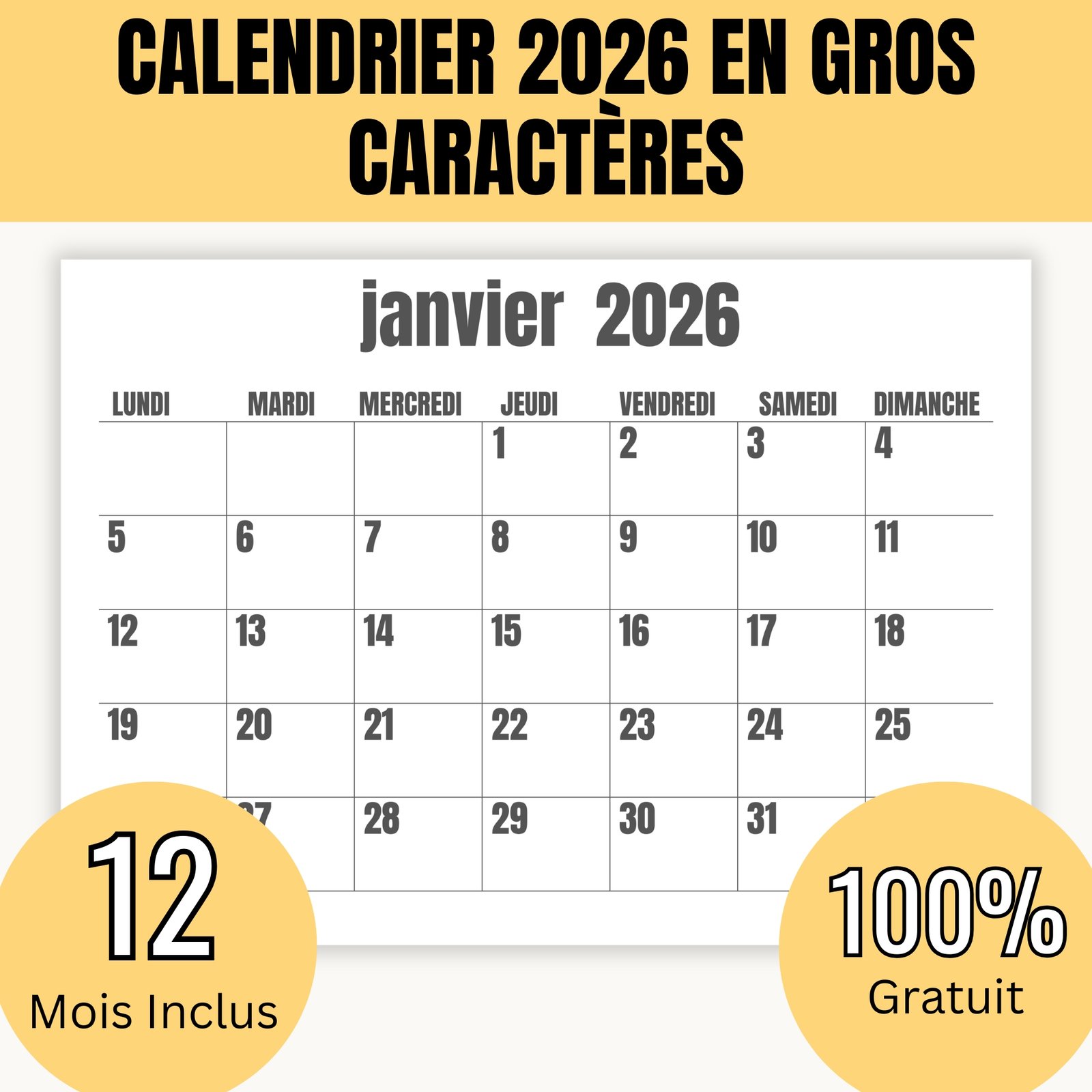 Calendrier 2026 en gros caractères Calendrier 2026 en gros caractères