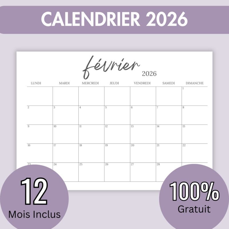 Calendrier Mensuel 2026 à Imprimer (PDF gratuit)