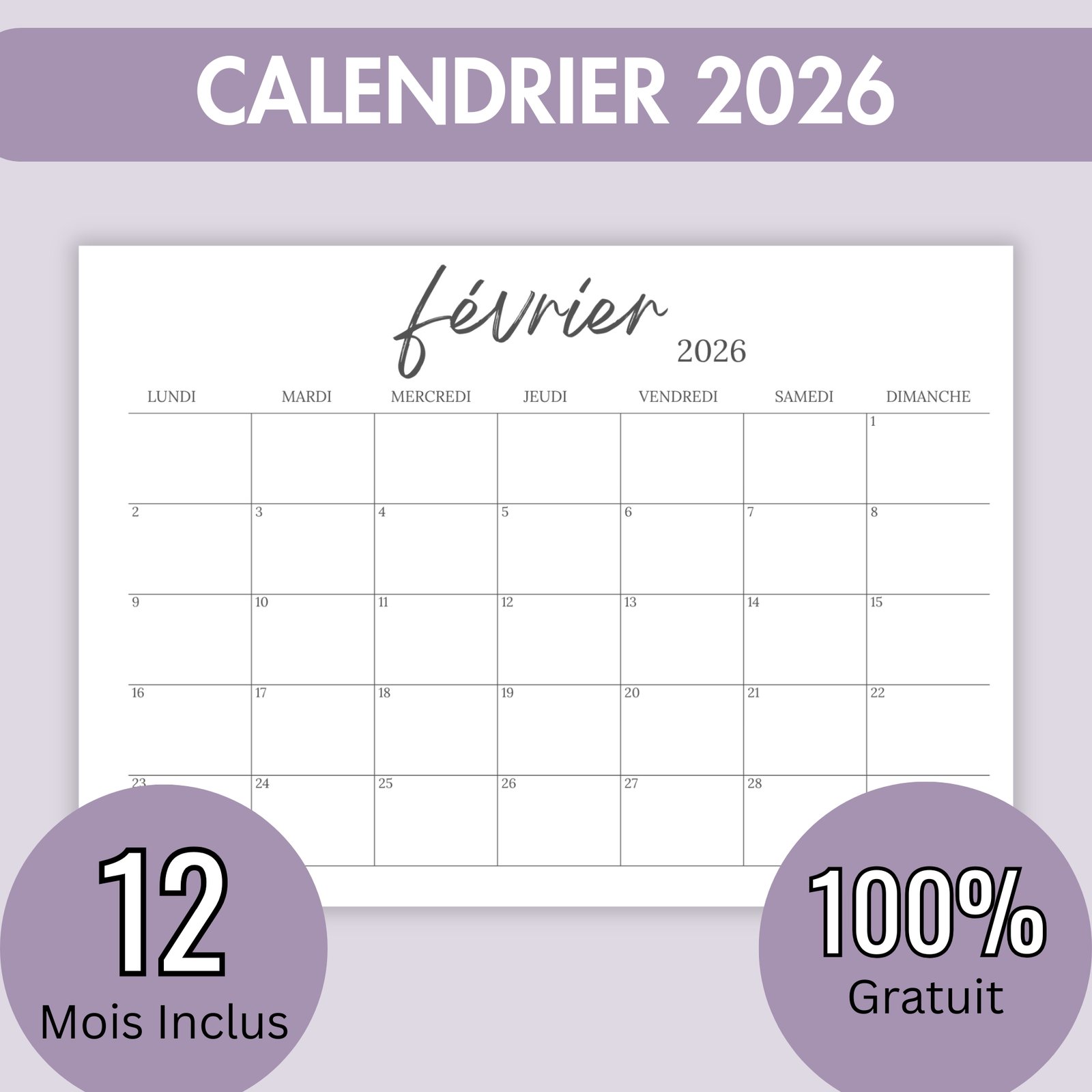 Calendrier Mensuel 2026 à Imprimer Calendrier Mensuel 2026 à Imprimer (PDF gratuit)