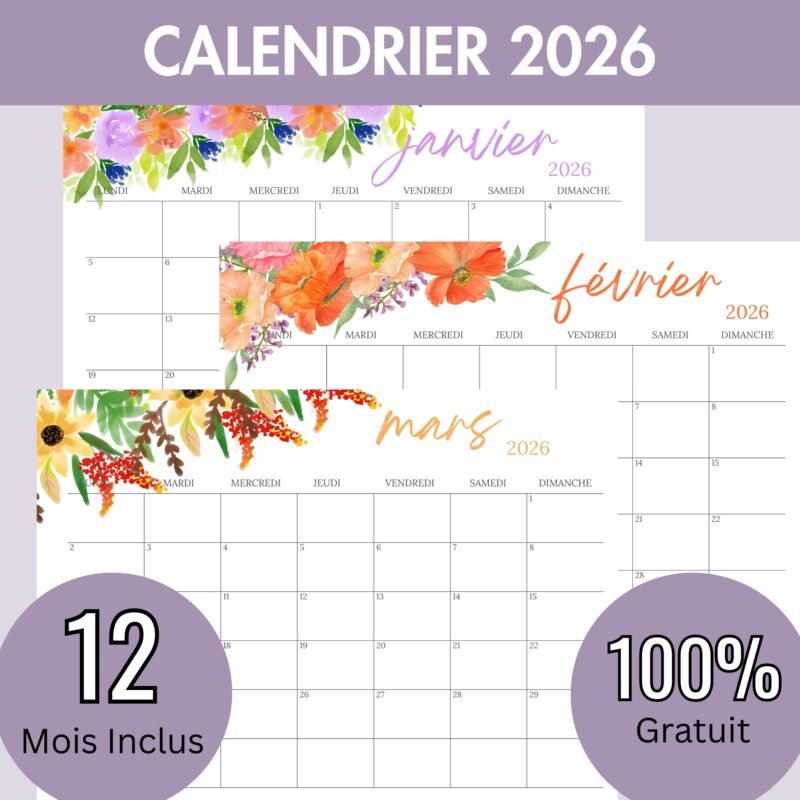 Calendrier Mensuel 2026 Floral à Imprimer (PDF gratuit)