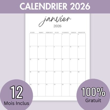 Calendrier Mensuel 2026 Portrait à imprimer (PDF gratuit)