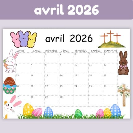 Calendrier avril 2026 à imprimer