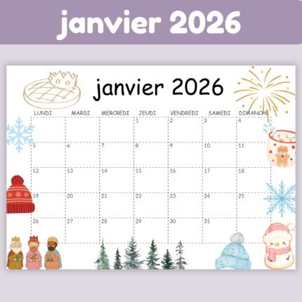 Calendrier janvier 2026 à imprimer