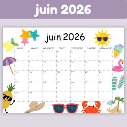 Calendrier juin 2026 à imprimer
