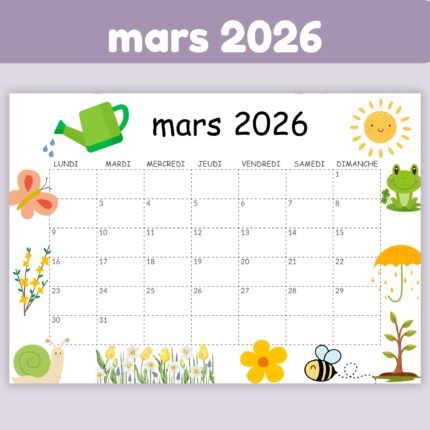 Calendrier mars 2026 à imprimer
