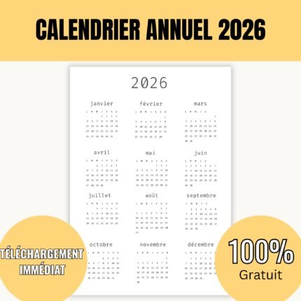 Calendrier Annuel 2026 Portrait à imprimer (PDF gratuit)