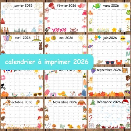 Calendrier 2026 à imprimer, Calendrier mensuel 2026